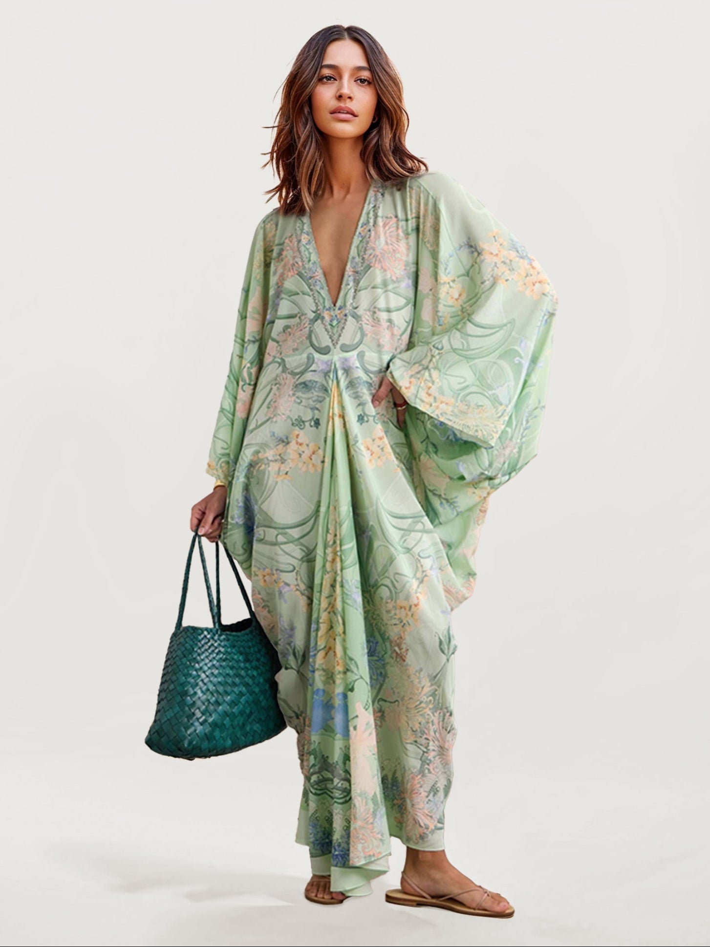 green plunge maxi dress Didem Green Plunge Neck Satin Maxi Dress