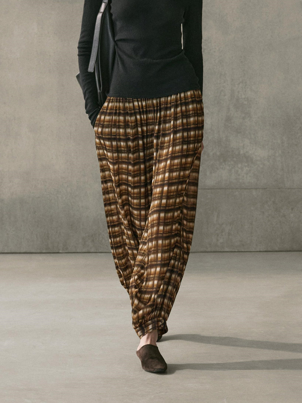 Brown Plaid Halter Top & Balloon Pants Two-Piece Set