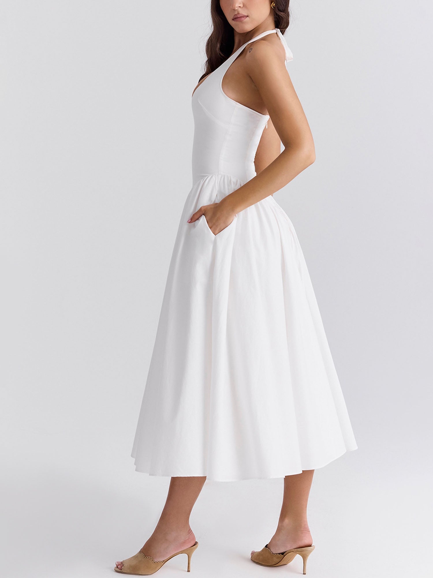 Pleated A-Line Halter Midi Dress