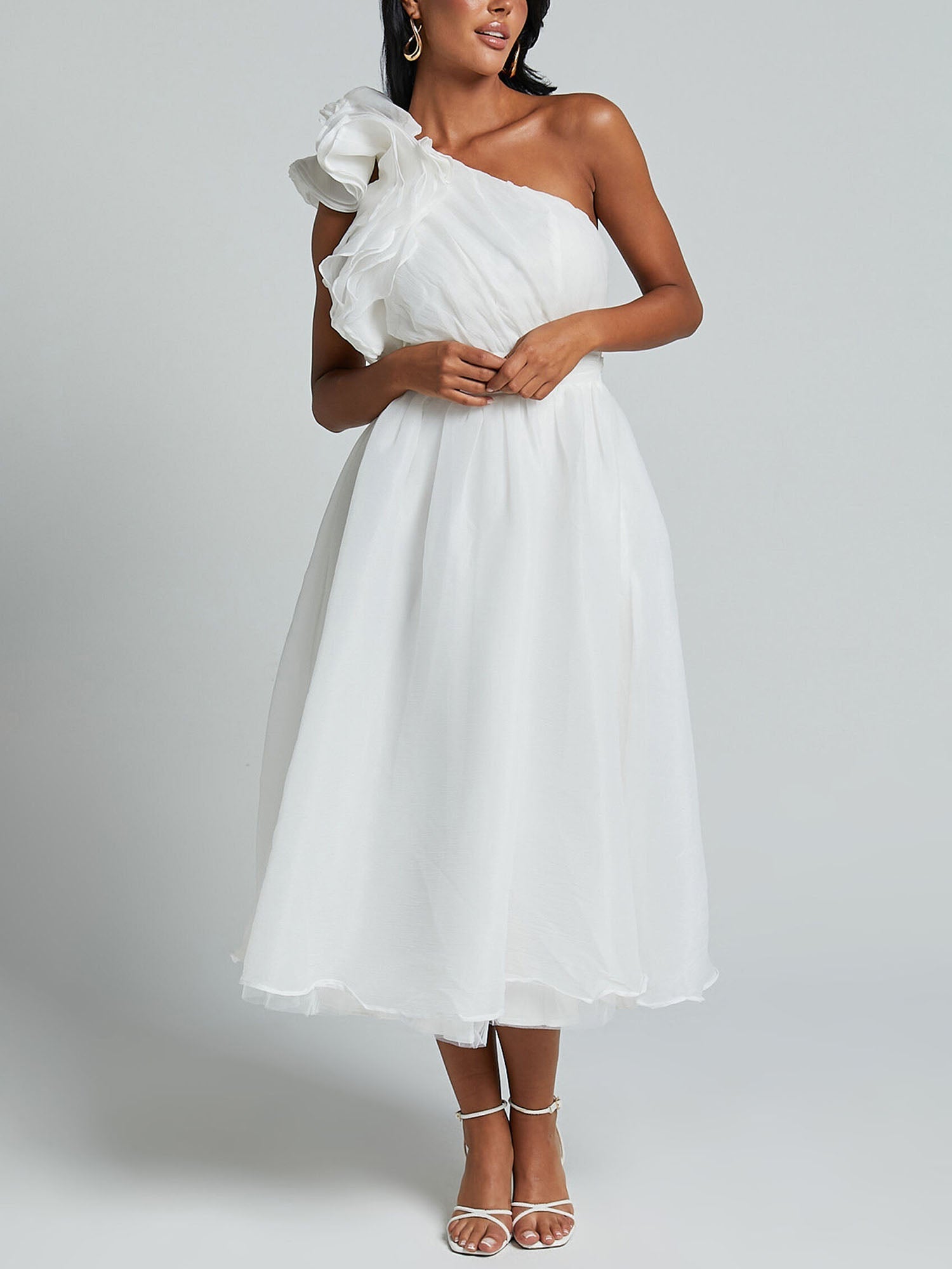 One-Shoulder Ruffle Accent Midi Dress