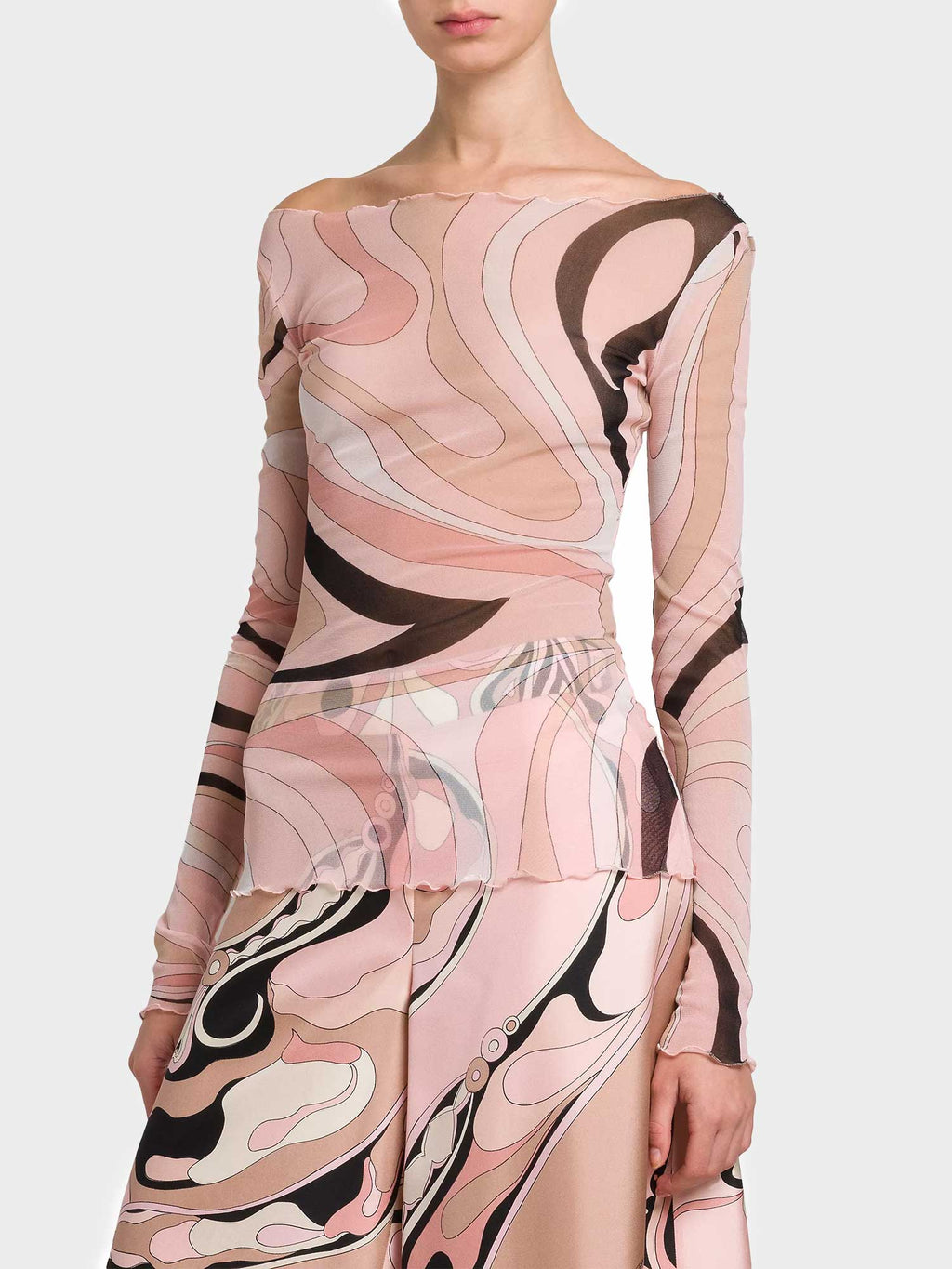 Mesh Long Sleeve Sheer Printed Top