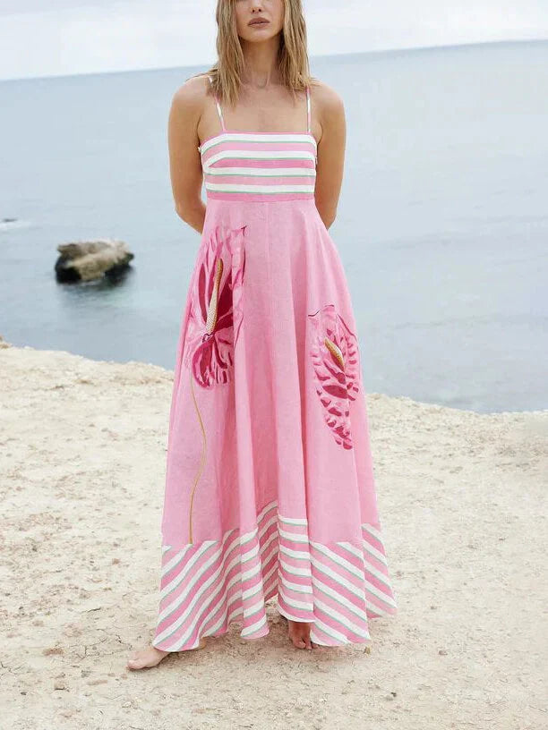 Pink Stripe & Floral Design Midi Dress