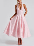 Pink Halter Flared Midi Dress