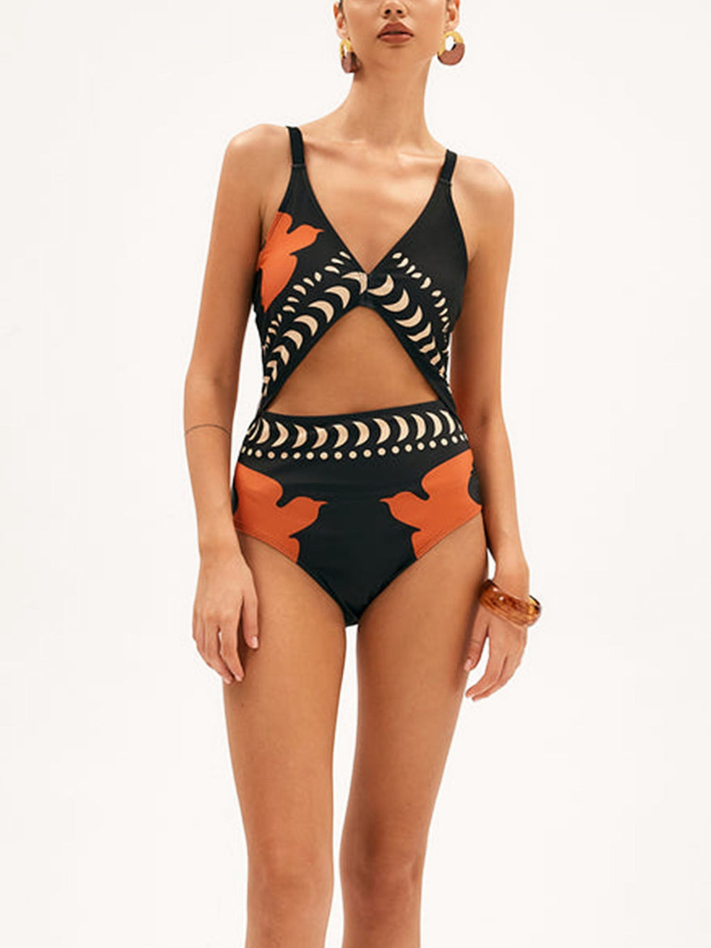 Black and Orange Cut-Out One-Piece Swimsuit