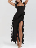 Black Ruffled Cutout Maxi Dress with High Slit