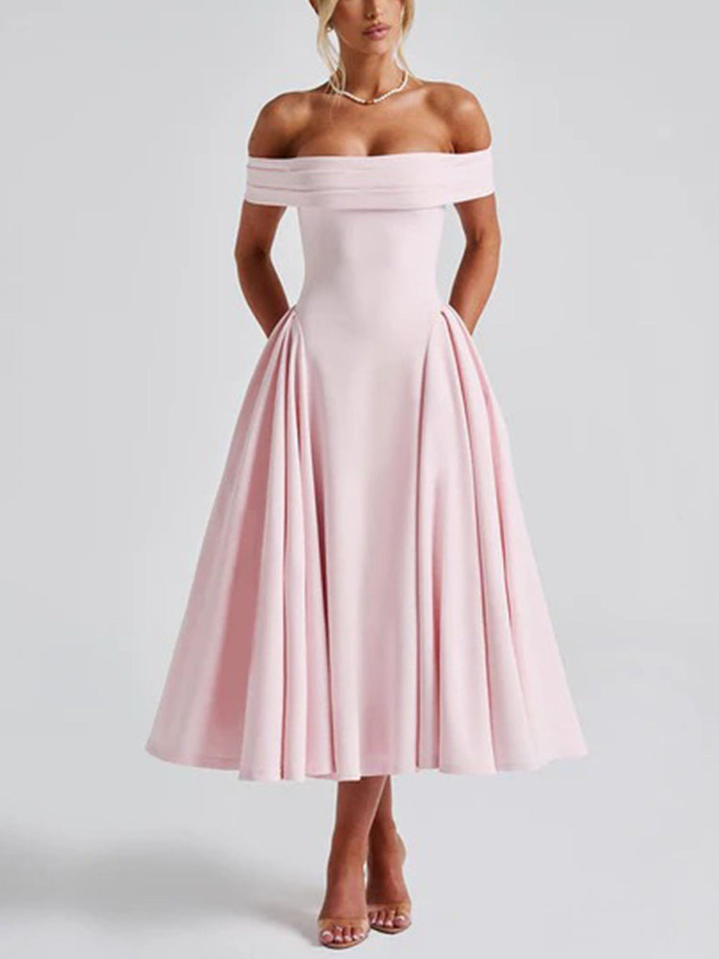 Pink Off-Shoulder Vintage-Inspired Midi Dress