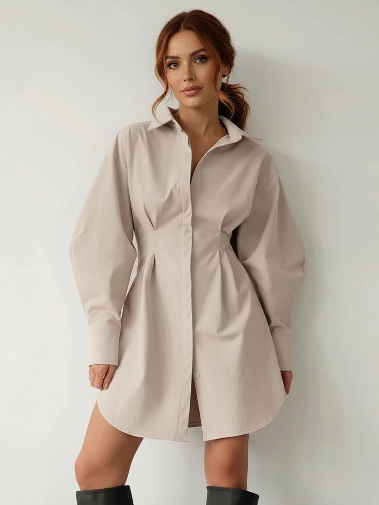 Khaki Cinched Waist Shirt Dress Effortless A-Line