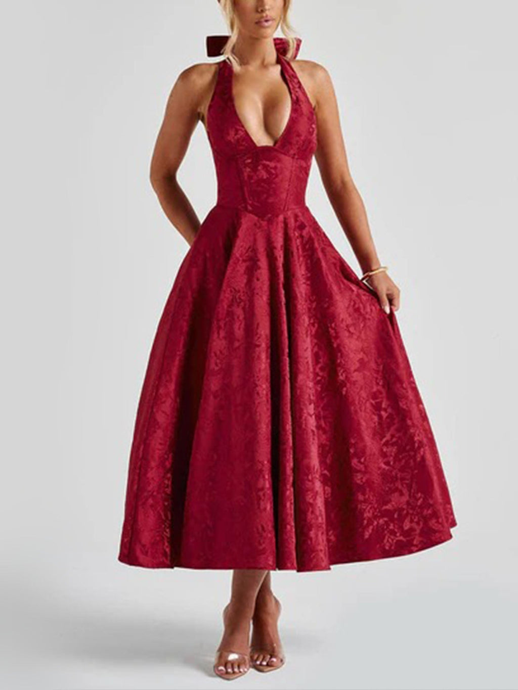 Red Halter Flared Midi Dress