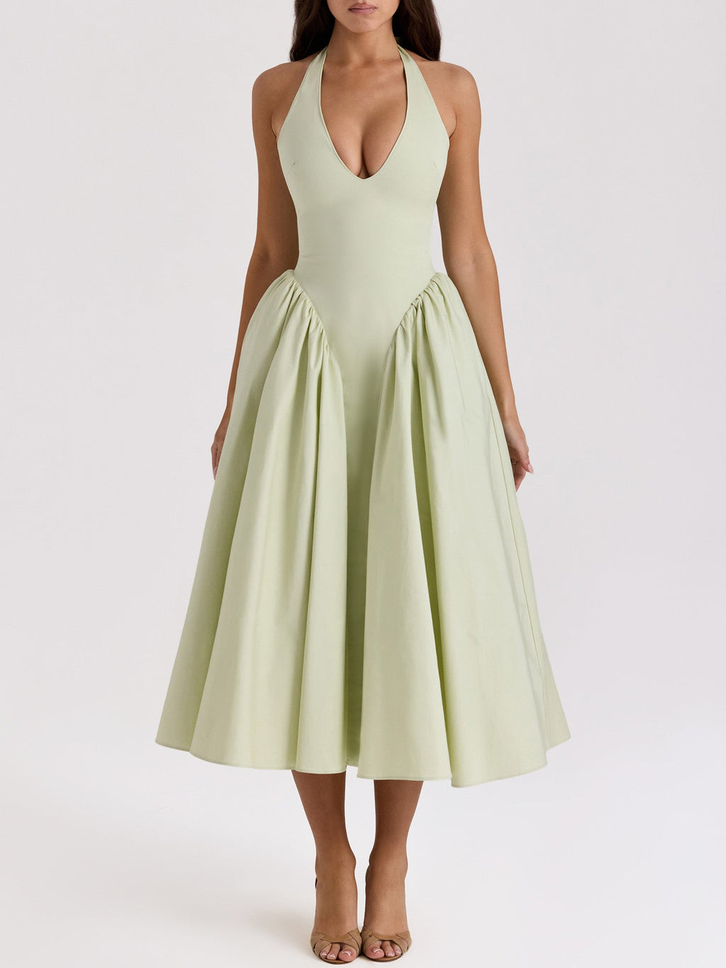 Pleated A-Line Halter Midi Dress