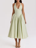 Pleated A-Line Halter Midi Dress
