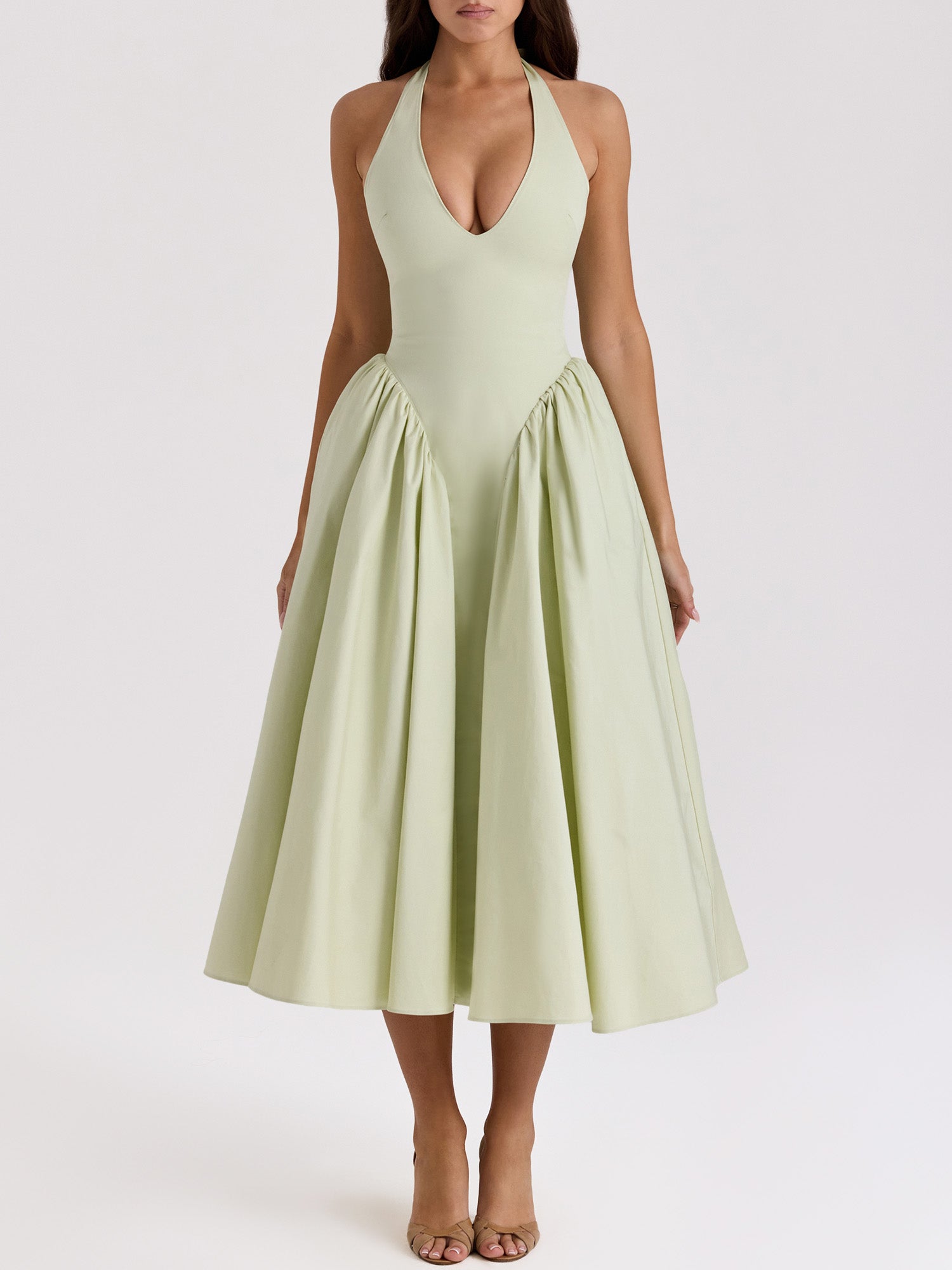 Pleated A-Line Halter Midi Dress