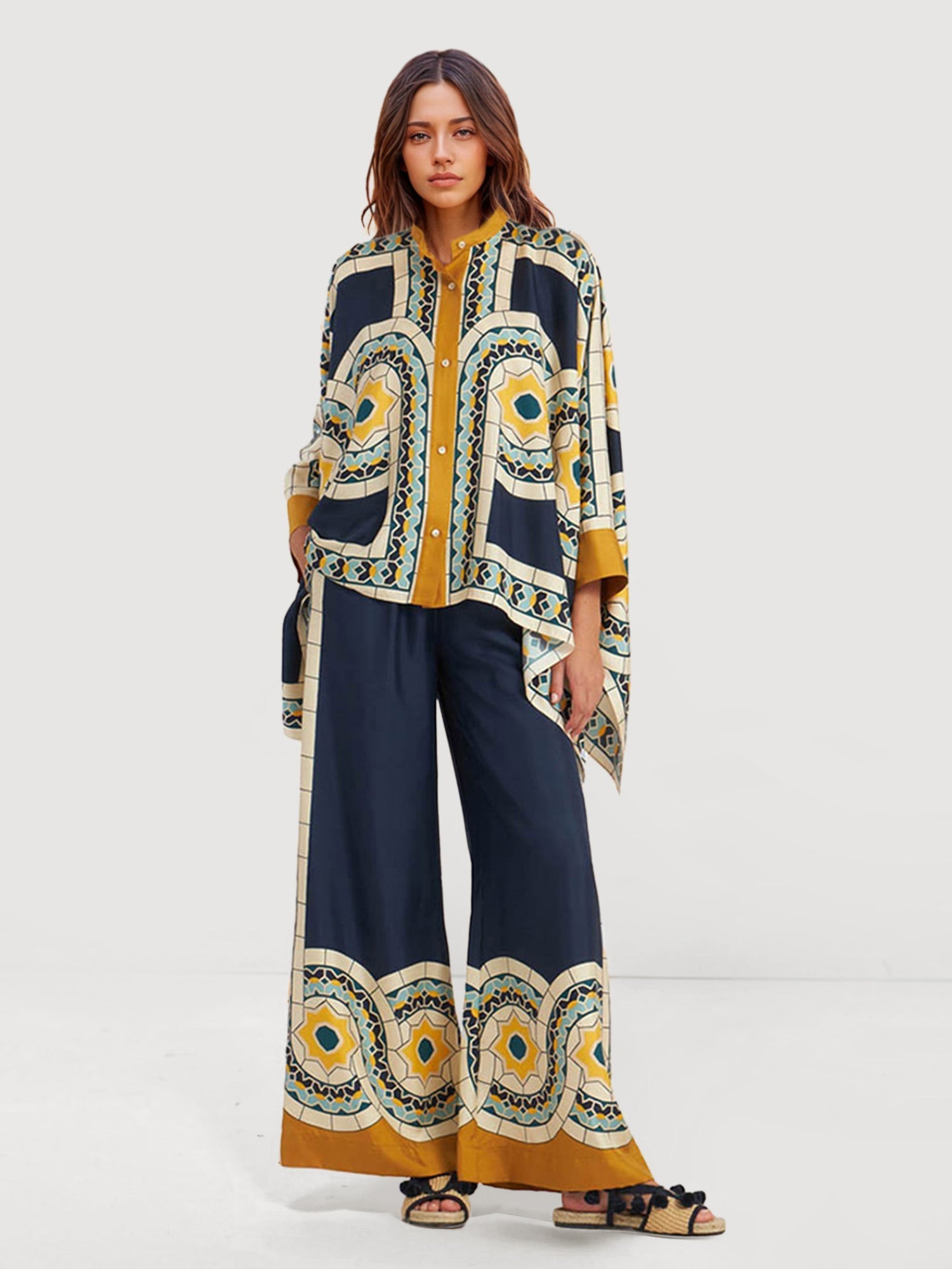 Geometric Print Oversized Button-Up Shirt