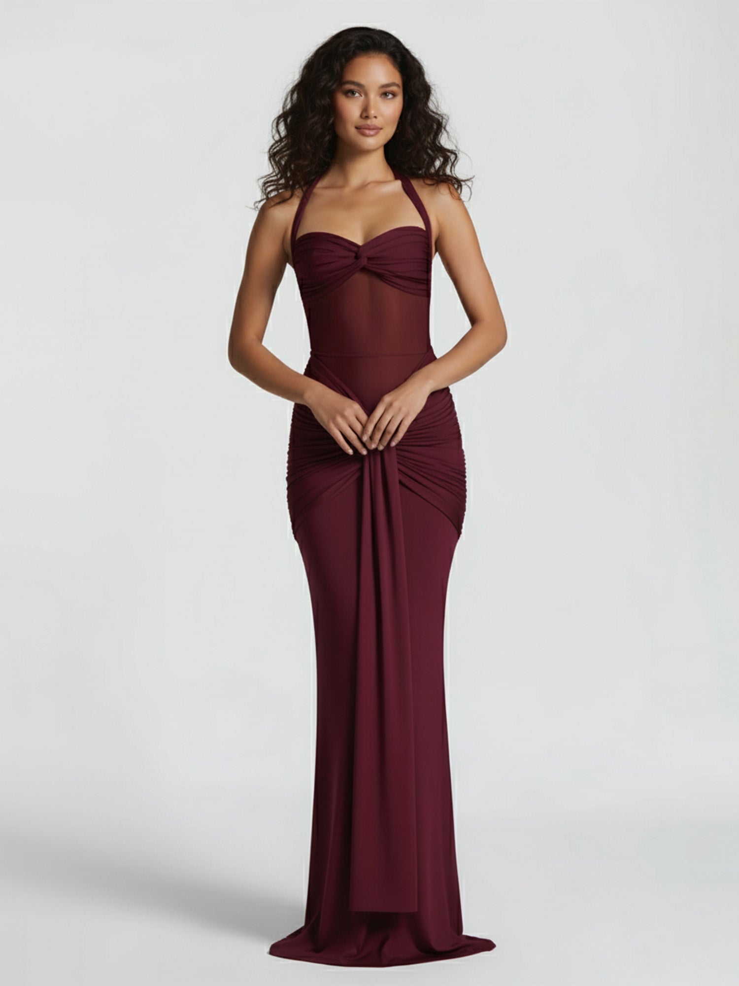 Yellow Draped Halter Maxi Dress Sheer Elegance