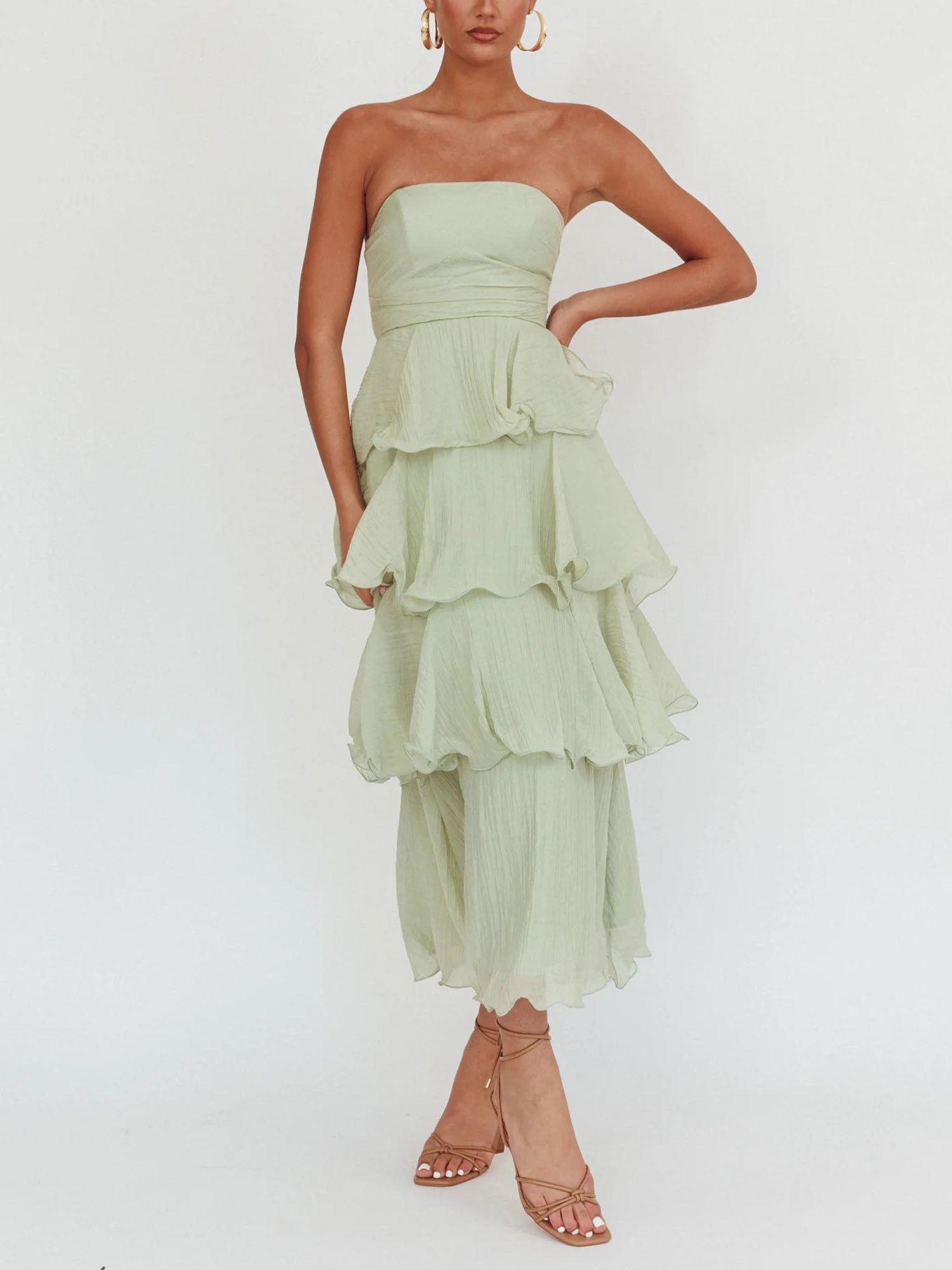 Light Green Strapless Tiered Midi Dress