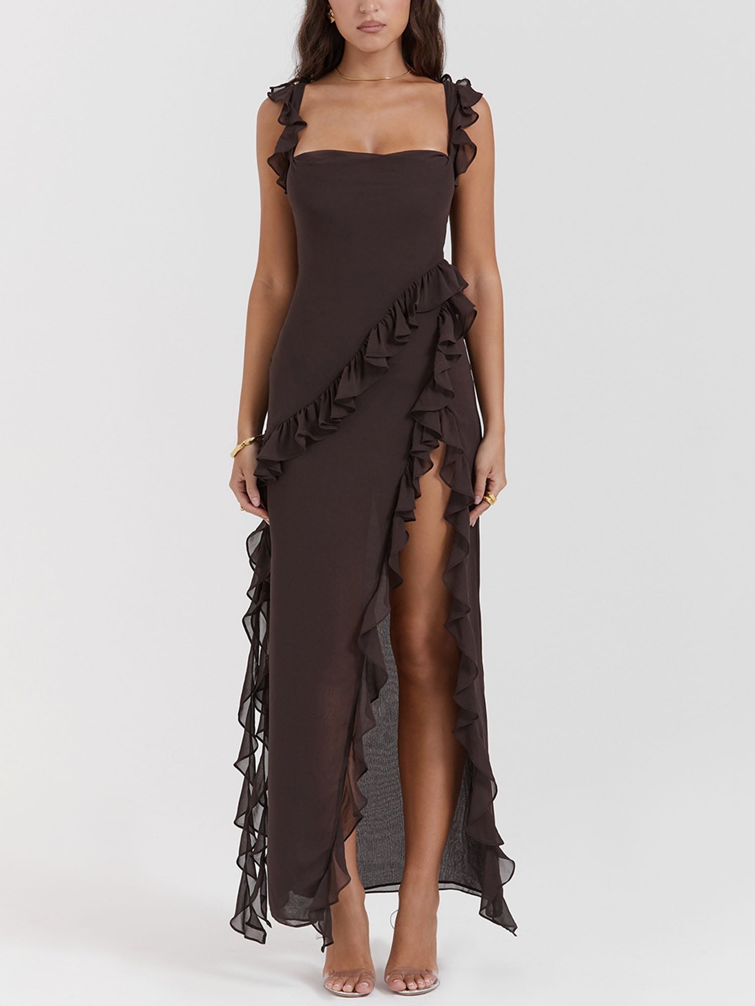 Brown Ruffled Cutout Maxi Dress with High Slit