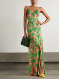 Green & Coral Printed Halter Maxi Dress