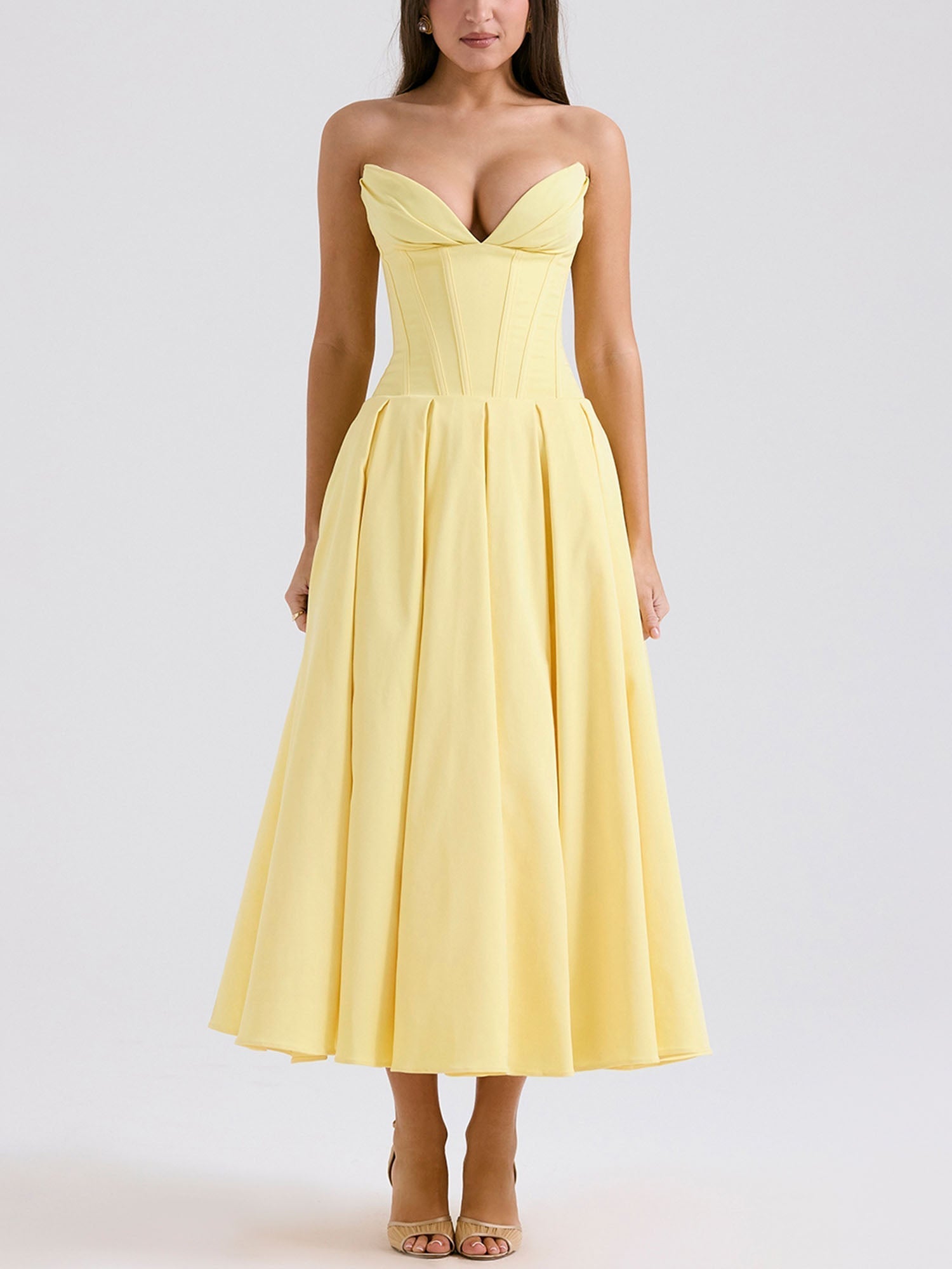 Yellow Strapless Fit-and-Flare Midi Dress