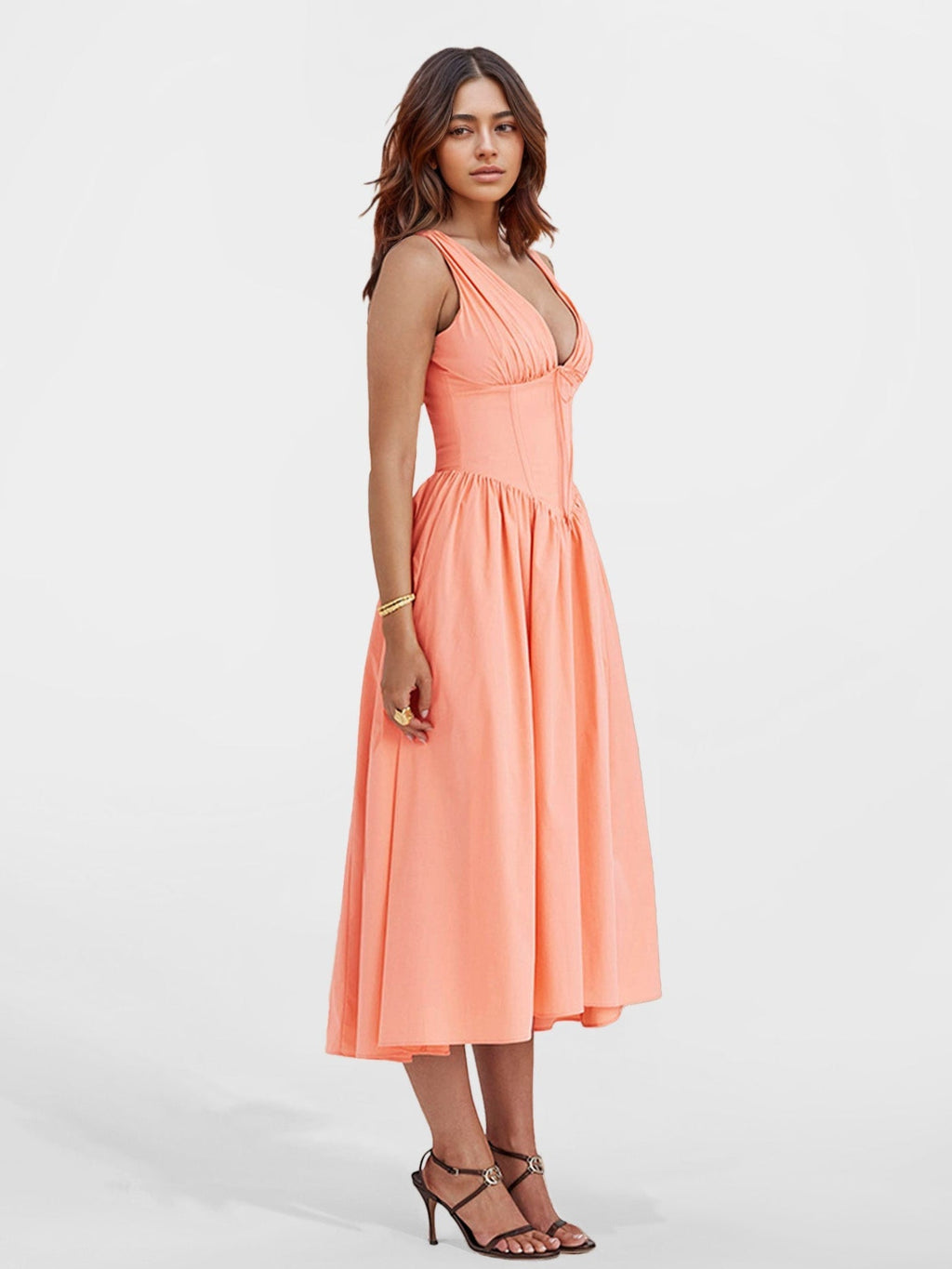 V-Neck Cinched Waist Midi Dress