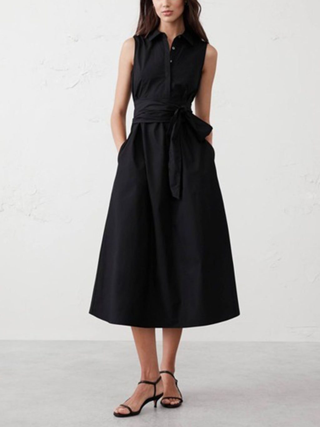 Sleeveless Belted Black Midi Dress