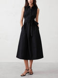 Sleeveless Belted Black Midi Dress