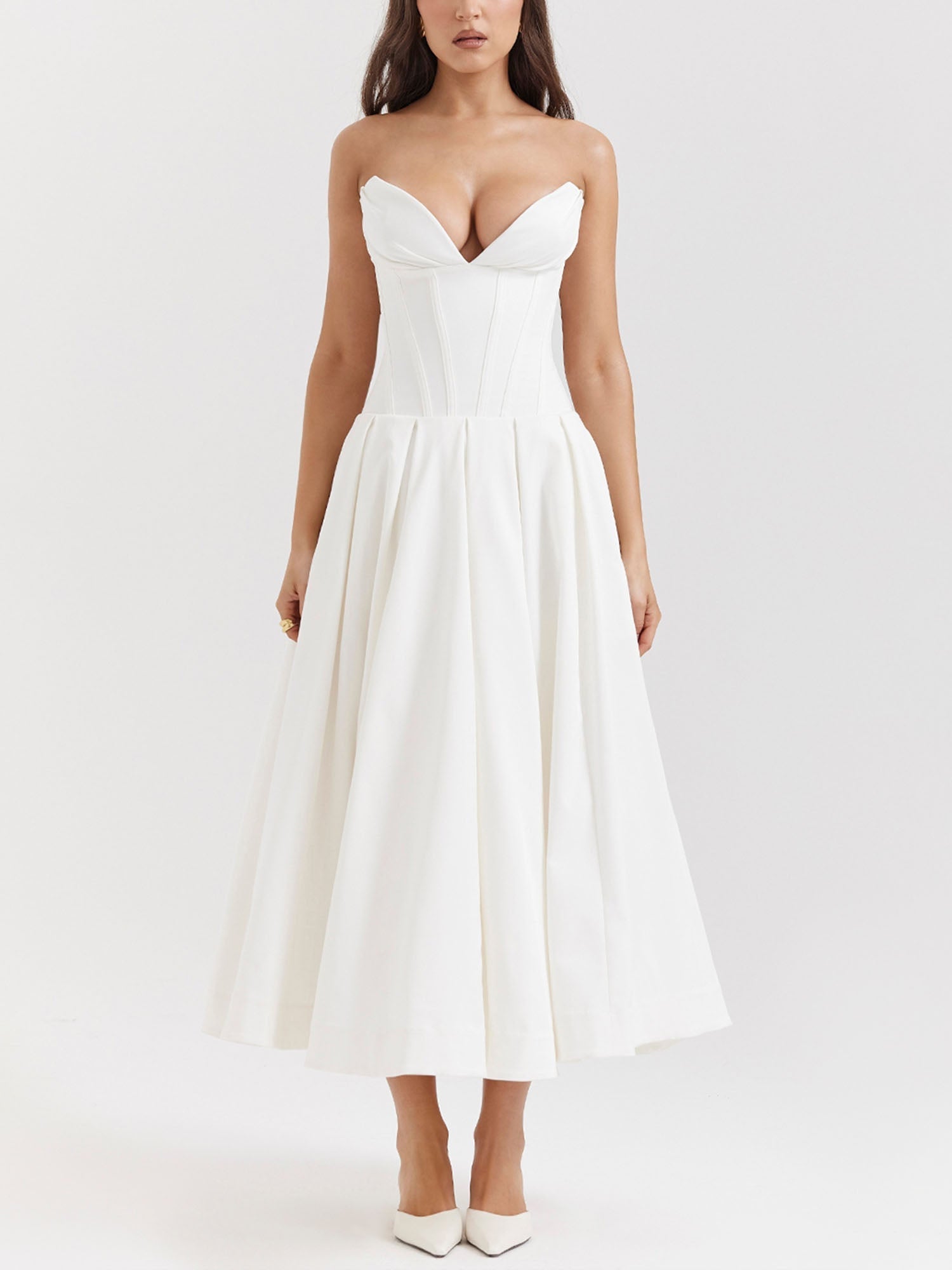 White Strapless Fit-and-Flare Midi Dress