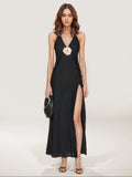 V-Neck Slit Maxi Dress with Floral Detail