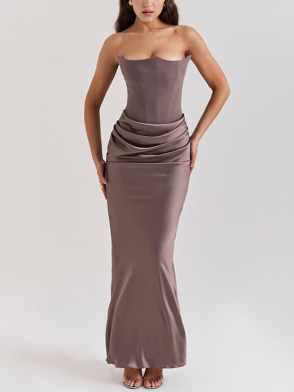 Brown Strapless Draped Bodycon Maxi Dress