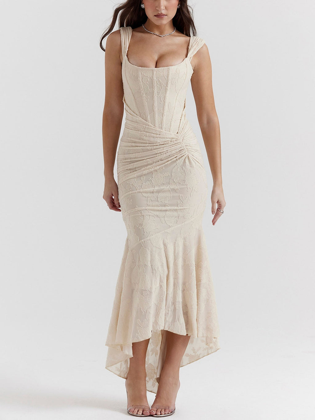 Beige Textured Asymmetrical Midi Dress
