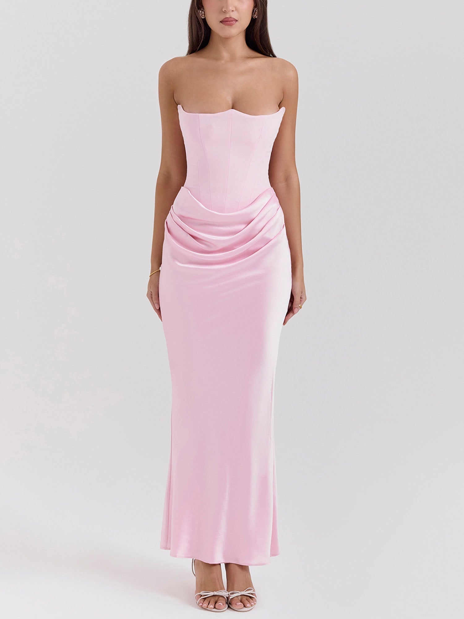 Pink Strapless Draped Bodycon Maxi Dress