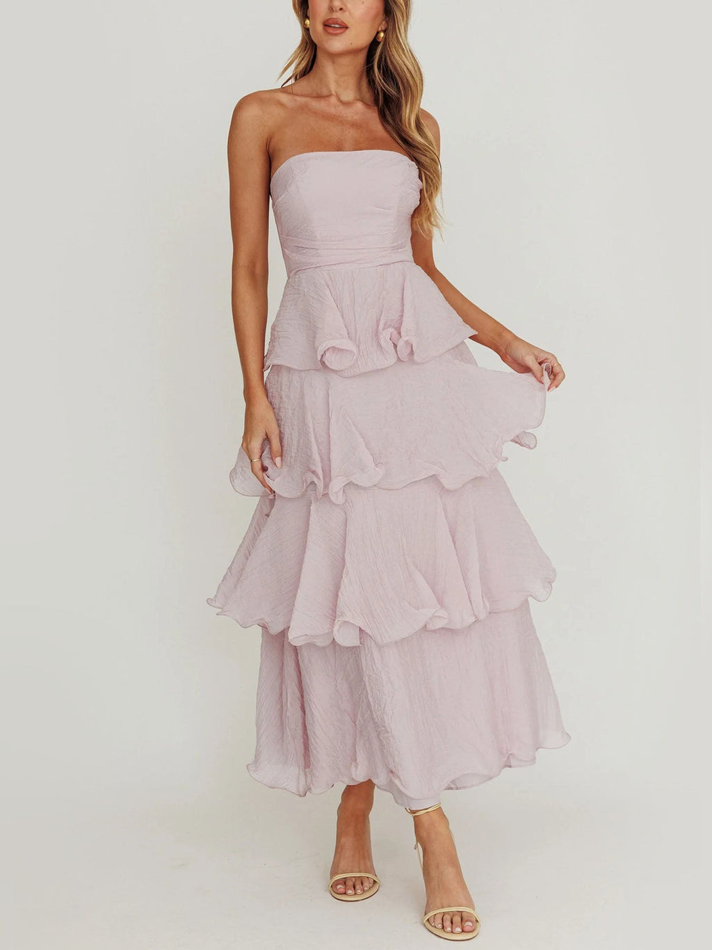 Light Purple Strapless Tiered Midi Dress