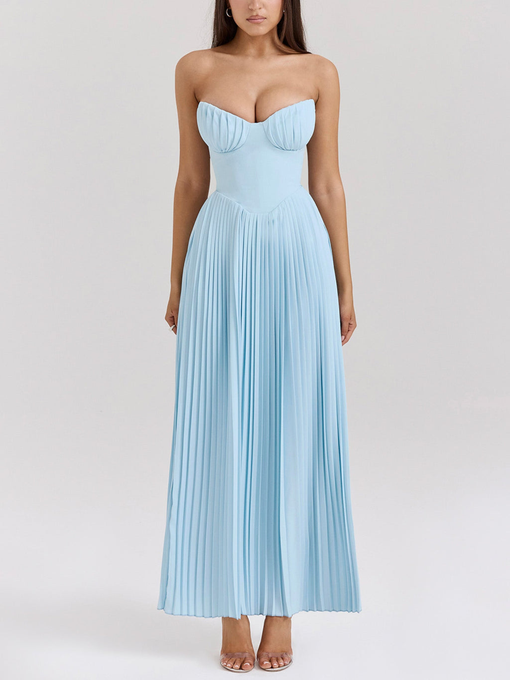 Pleated Strapless Sky Blue Maxi Dress