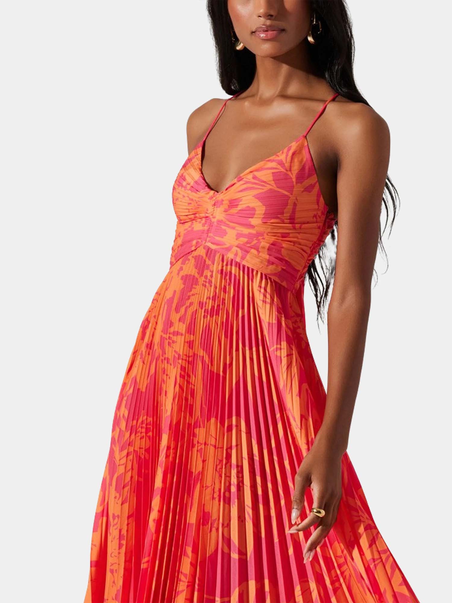 Coral Glow Pleated Midi Dress