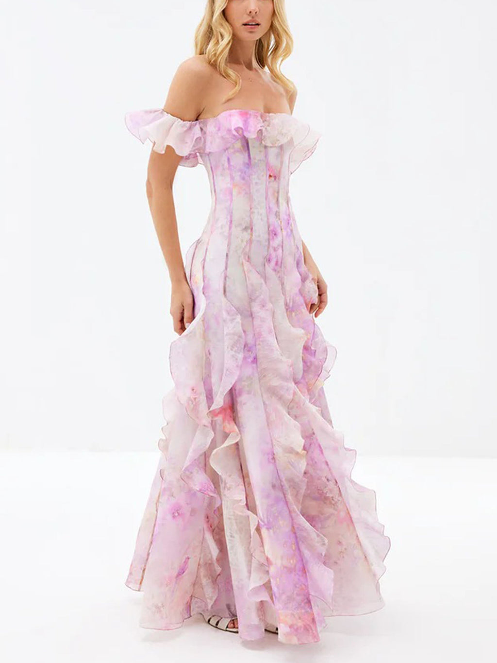 Lavender Off-Shoulder Ruffle Maxi Dress