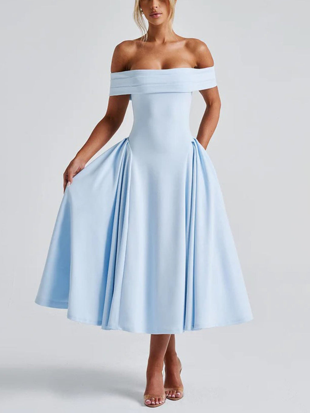 Blue Off-Shoulder Vintage-Inspired Midi Dress