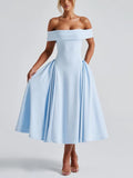 Blue Off-Shoulder Vintage-Inspired Midi Dress