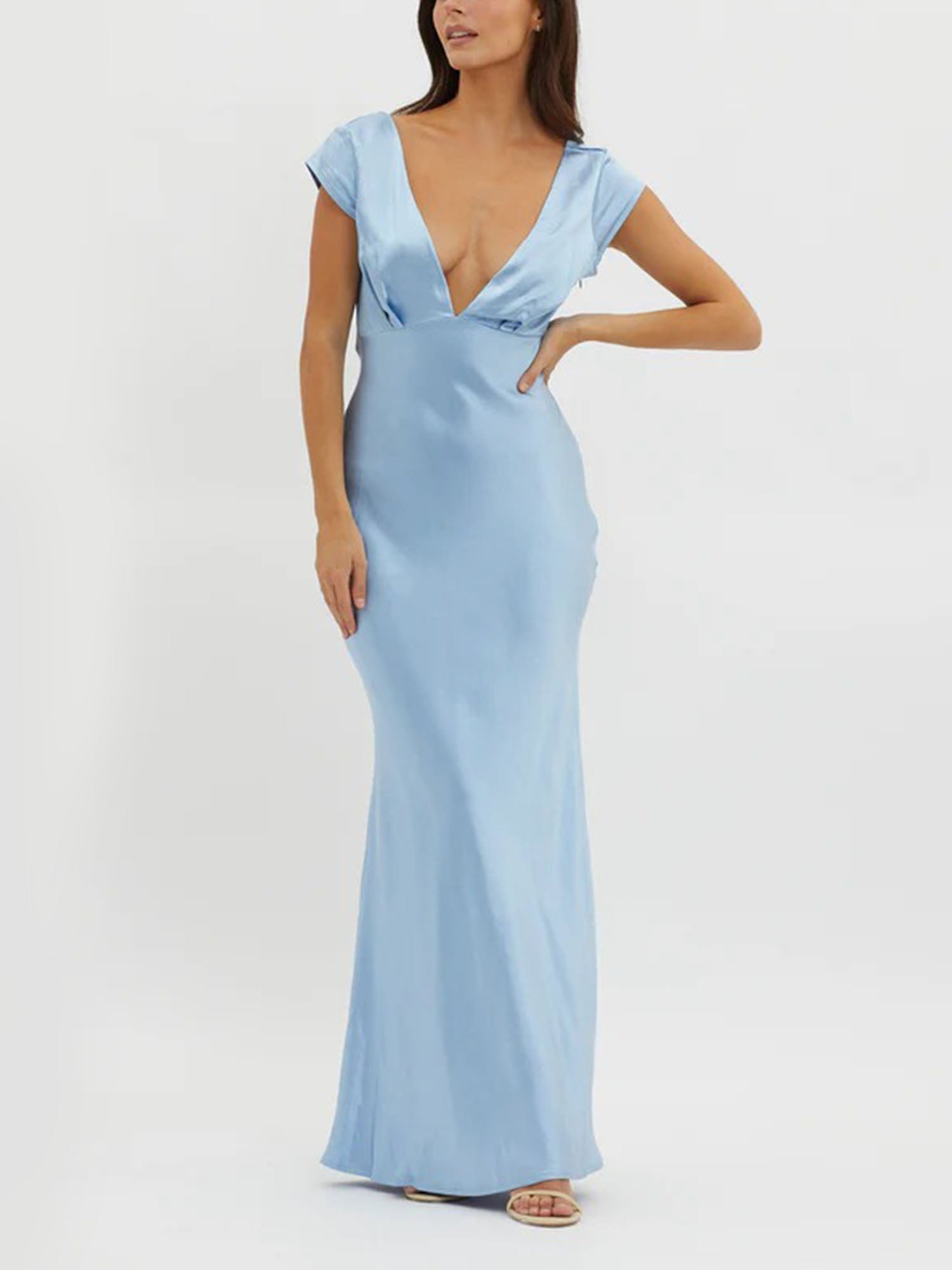 Blue Plunge Neck Maxi Dress