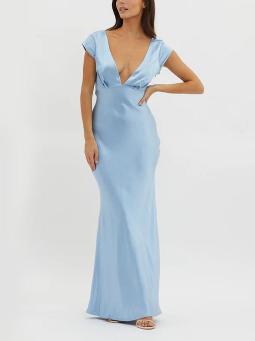 Blue Plunge Neck Maxi Dress
