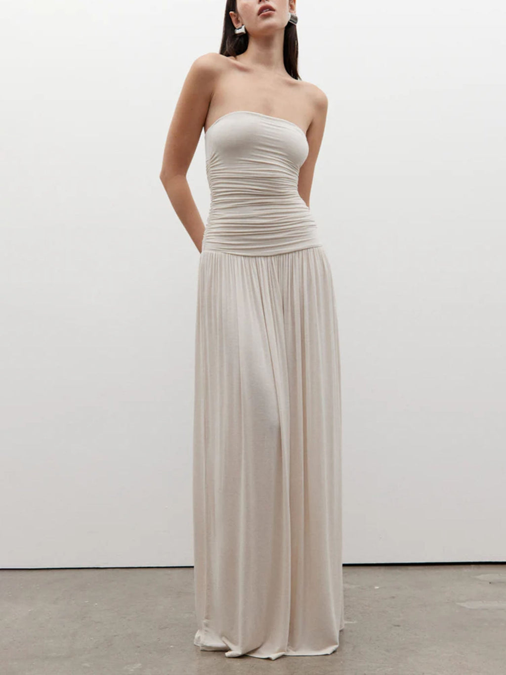 White Strapless Ruched Maxi Dress