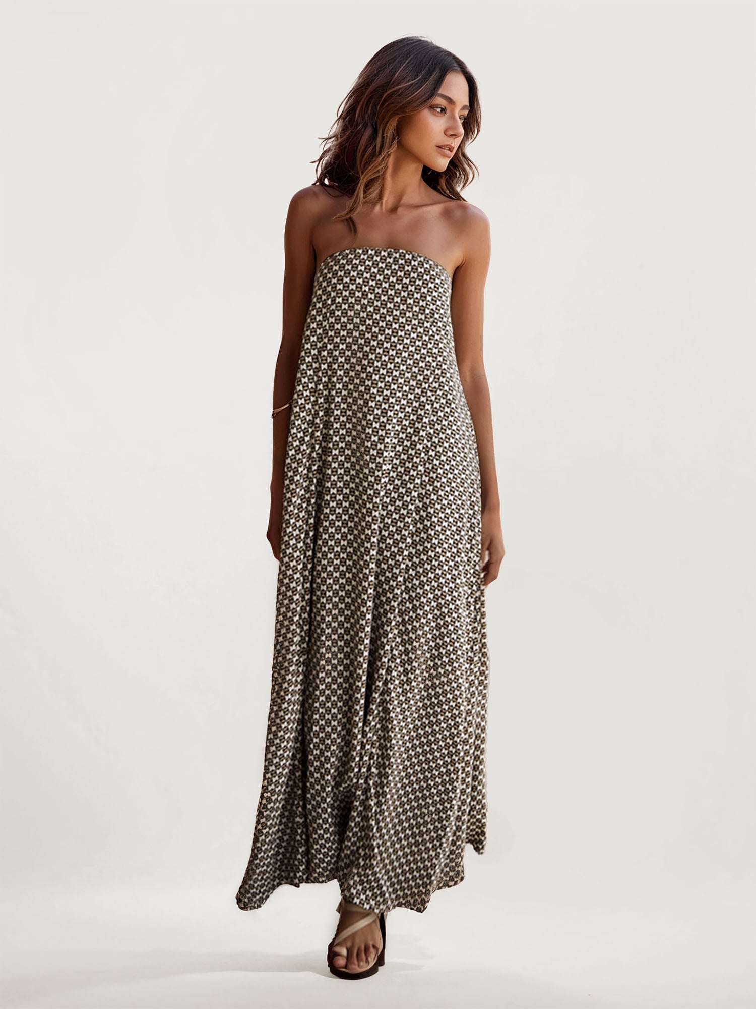 Geometric Print Strapless Maxi Dress