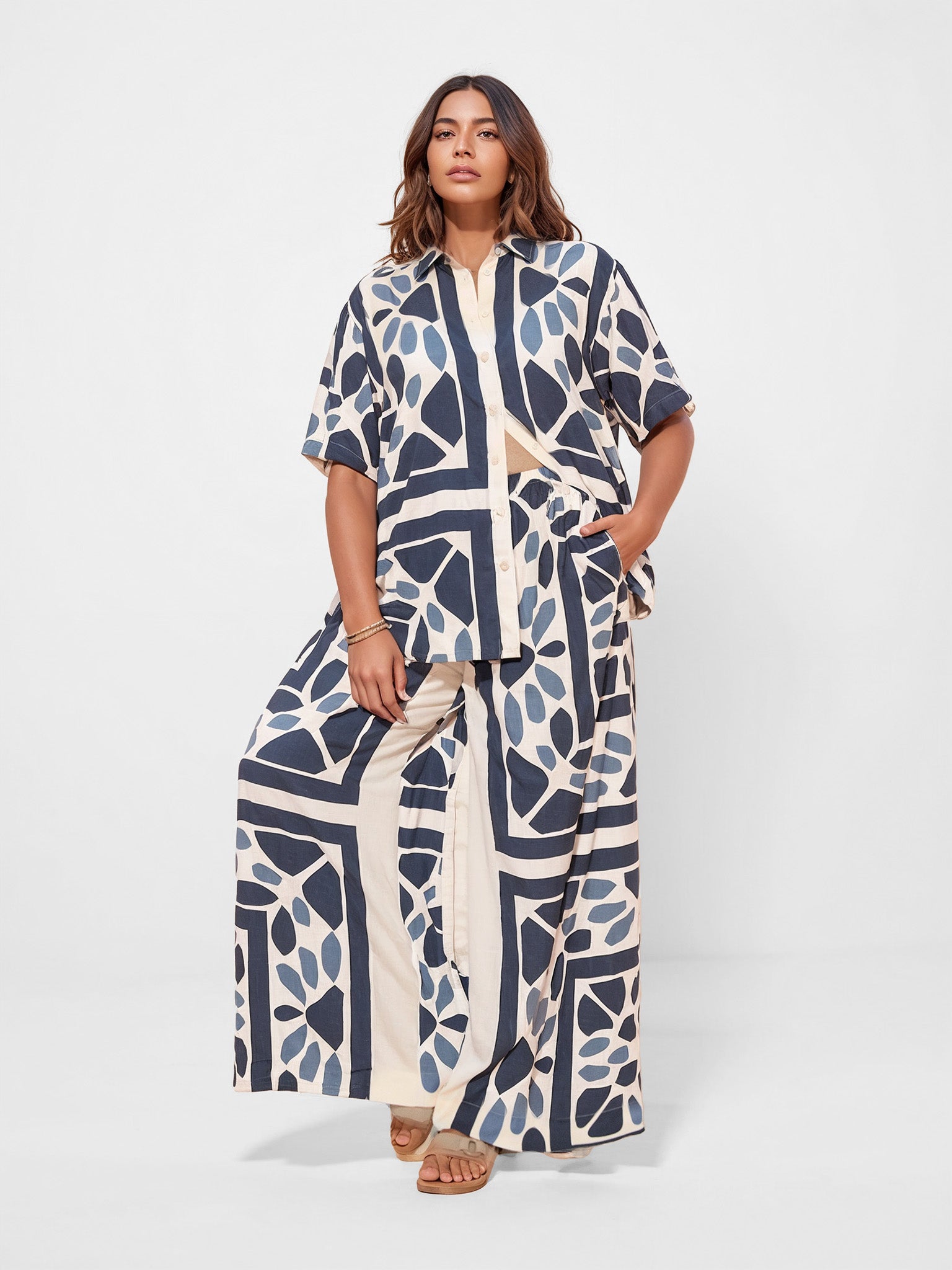 Modern Geo Print Oversized Button-Up Shirt