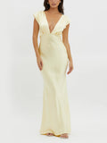 Lemon Cream Plunge Neck Maxi Dress