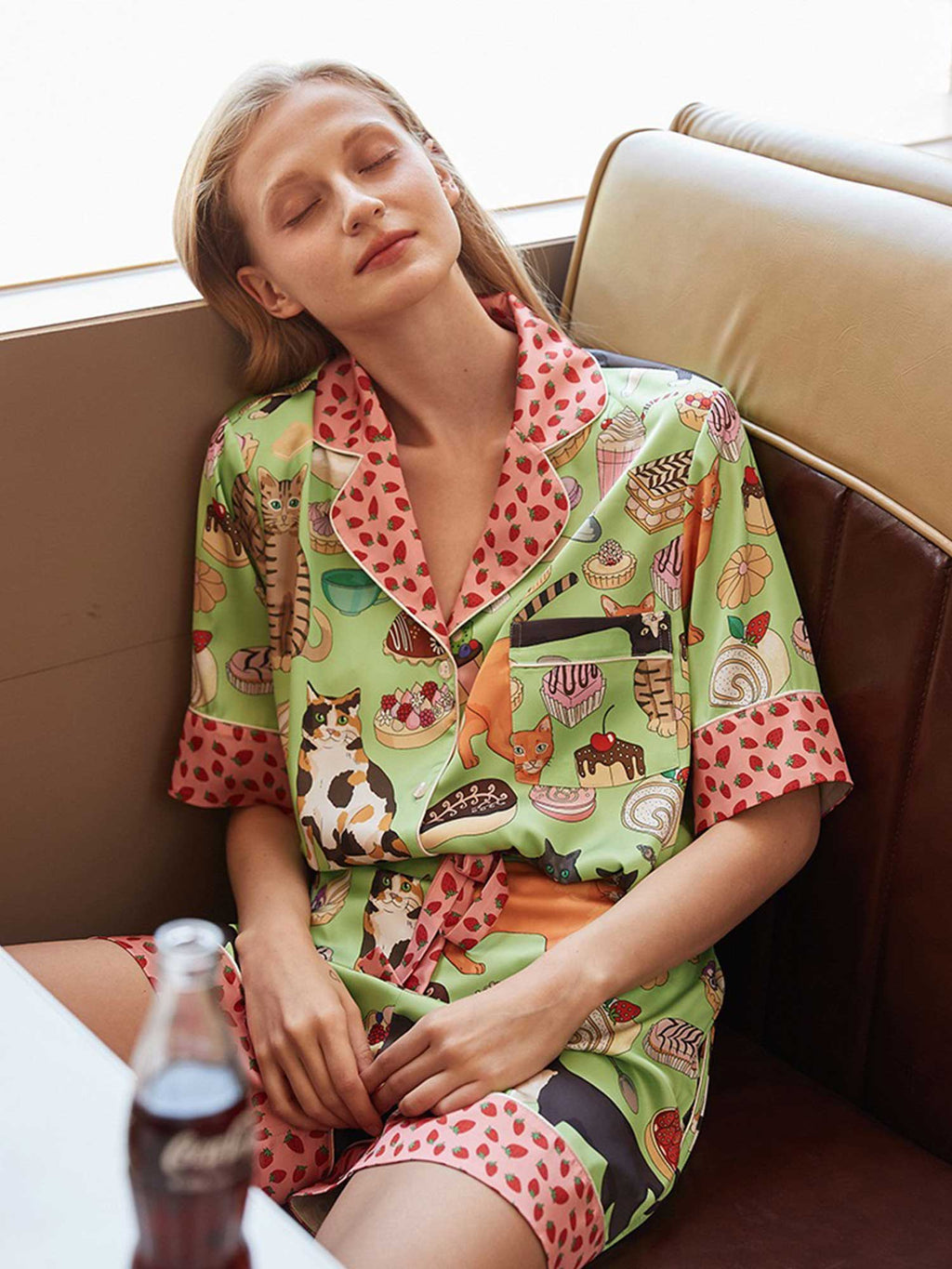 Cartoon Coffee & Cat Print Pajama Set