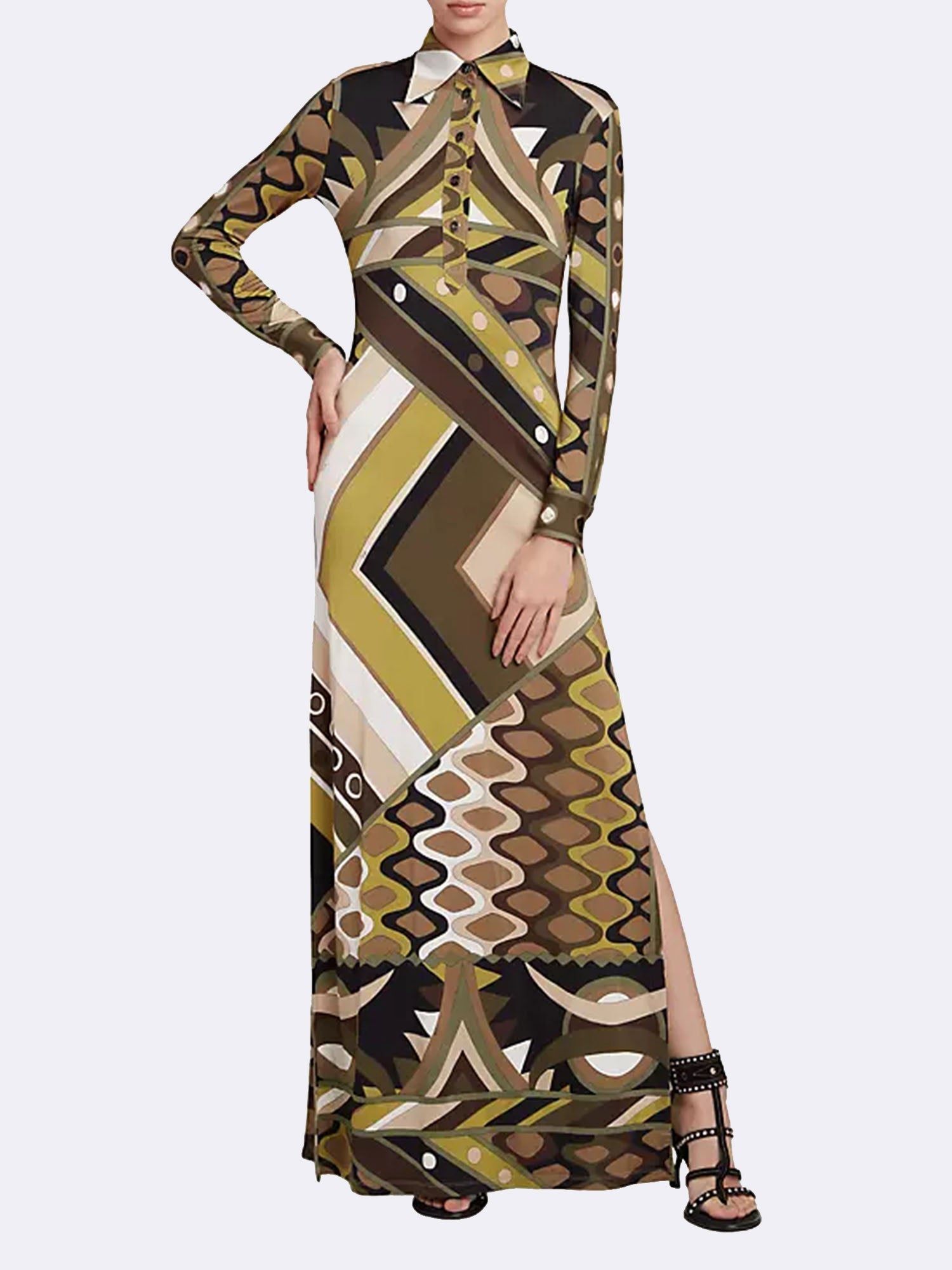 Retro Print Maxi Dress with Long Sleeves