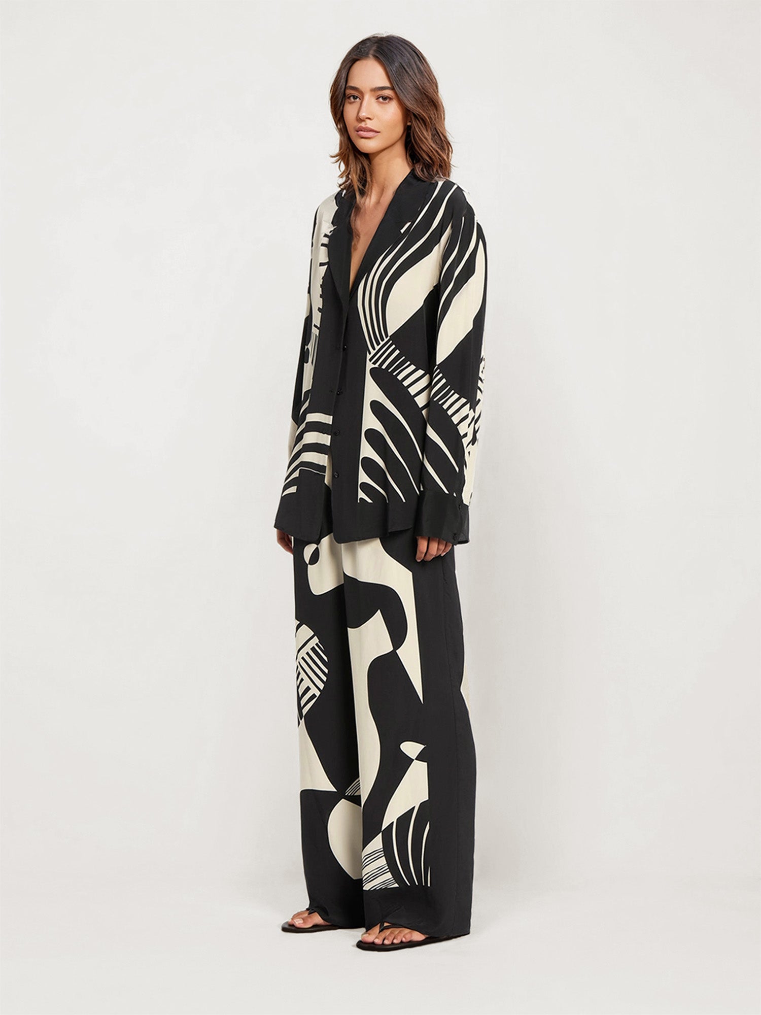 Abstract Black and White Print Wide-Leg Pants