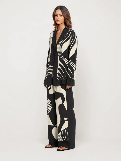 Abstract Black and White Print Wide-Leg Pants