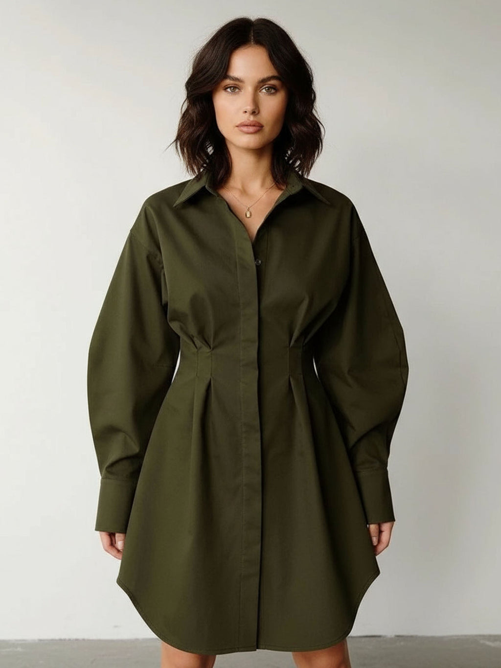 Green Cinched Waist Shirt Dress Effortless A-Line