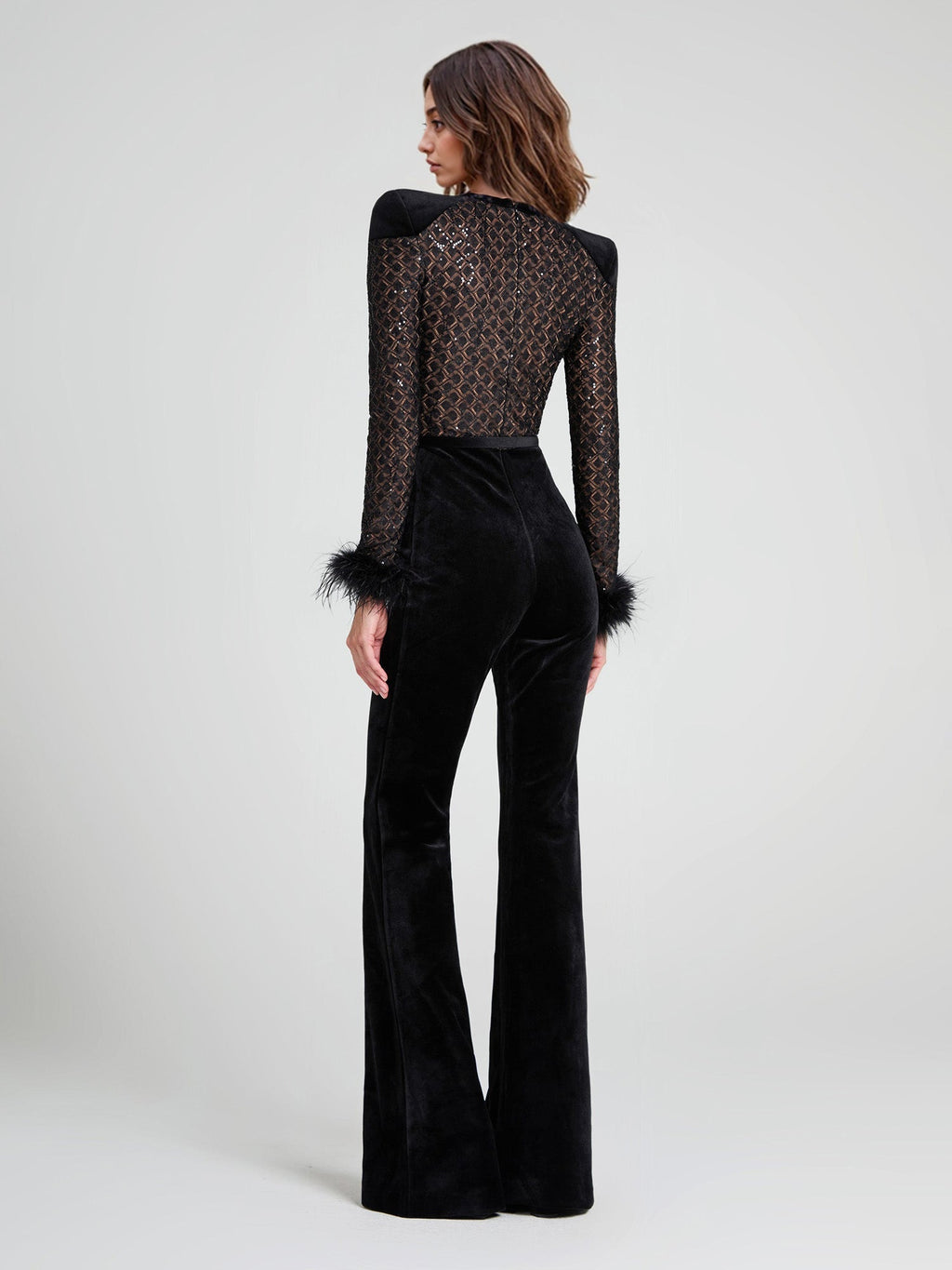 Lace Sequined Feather Trim Flared Jumpsuit