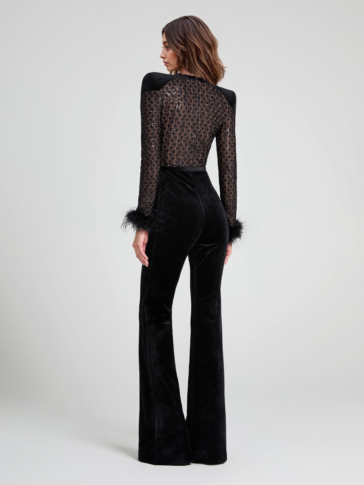 Lace Sequined Feather Trim Flared Jumpsuit