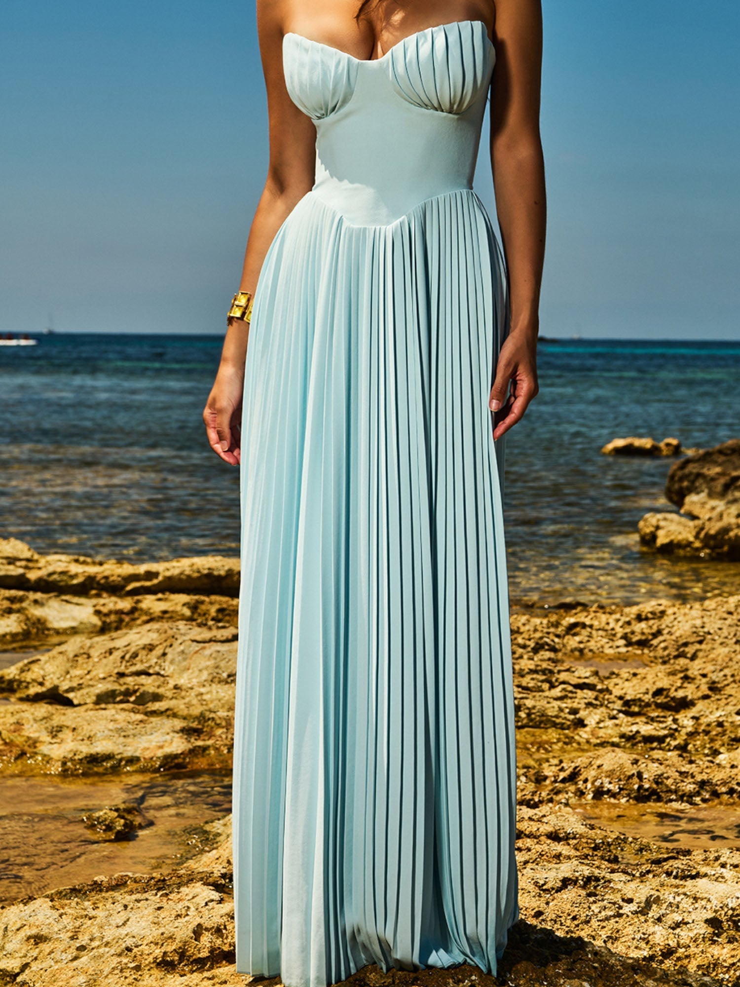 Pleated Strapless Sky Blue Maxi Dress