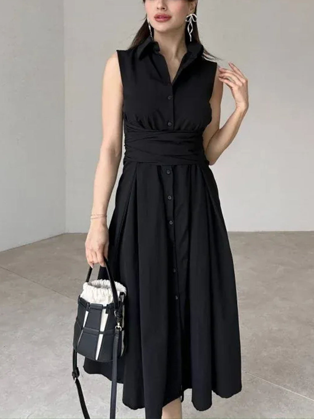 Sleeveless Belted Black Midi Dress